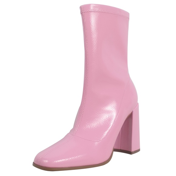 Pink Square Toe Mid Calf Block Heel Ankle Bootie - Picture 4 of 9